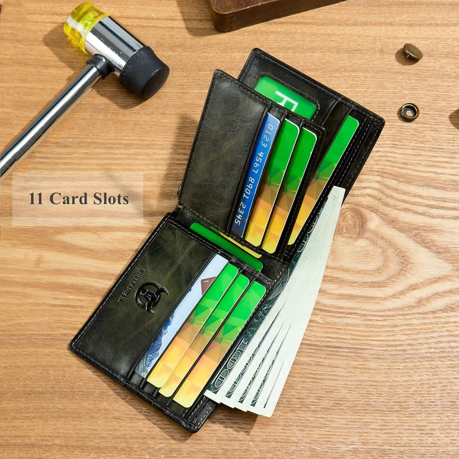 BULLCAPTAIN RFID Wallets for Men Slim Bifold Genuine Leather Front Pocket Wallet with 2 ID Windows QB-05??Forest Green??