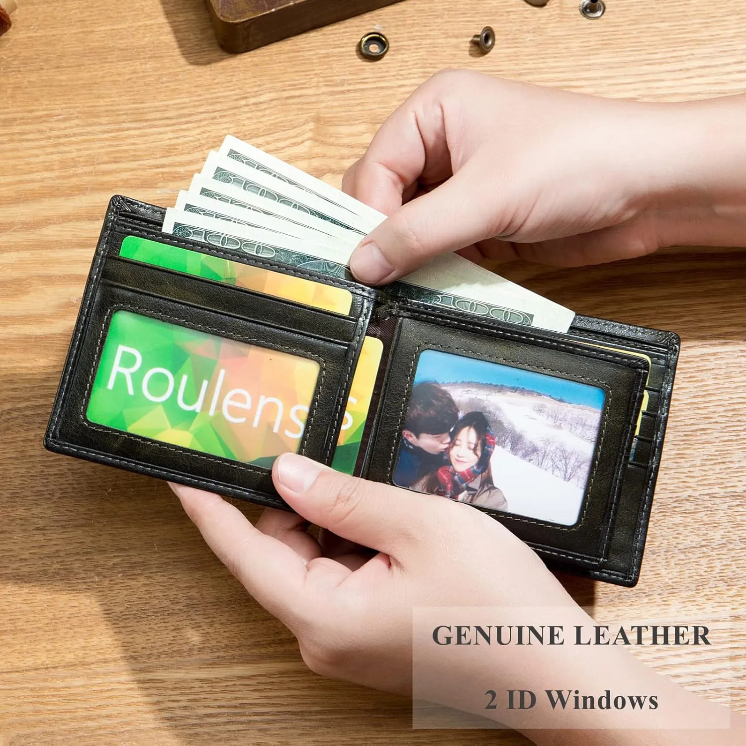 BULLCAPTAIN RFID Wallets for Men Slim Bifold Genuine Leather Front Pocket Wallet with 2 ID Windows QB-05??Forest Green??