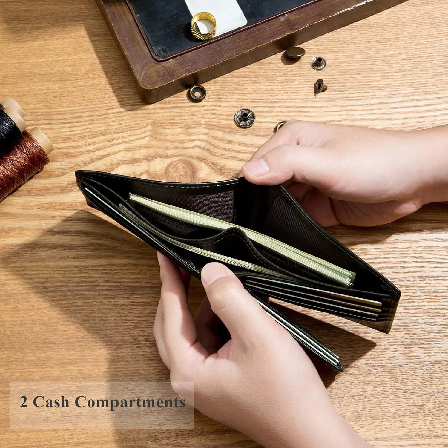 BULLCAPTAIN RFID Wallets for Men Slim Bifold Genuine Leather Front Pocket Wallet with 2 ID Windows QB-05??Forest Green??
