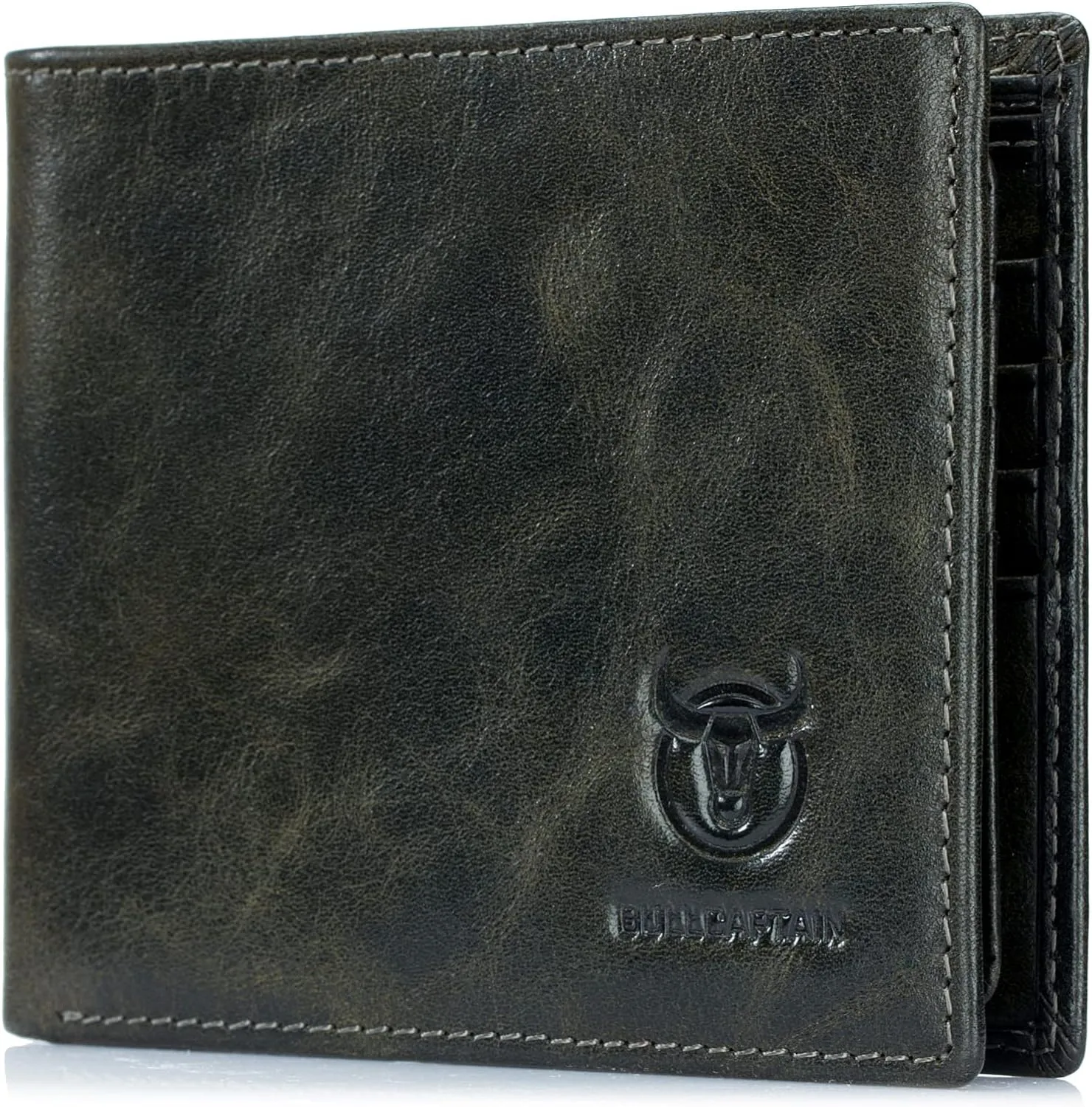 BULLCAPTAIN RFID Wallets for Men Slim Bifold Genuine Leather Front Pocket Wallet with 2 ID Windows QB-05??Forest Green??