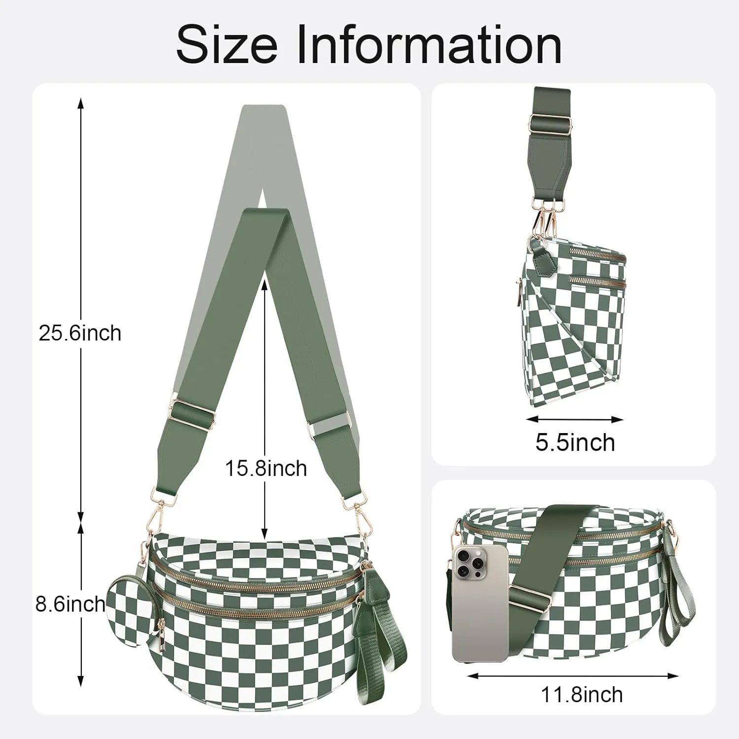 Bum Bags for Women Checkered Crossbody Bag with Removable Wallets Large Nylon Belt Purse Fanny Packs, Bonus with a Extra Strap (Beans Green Checkered)