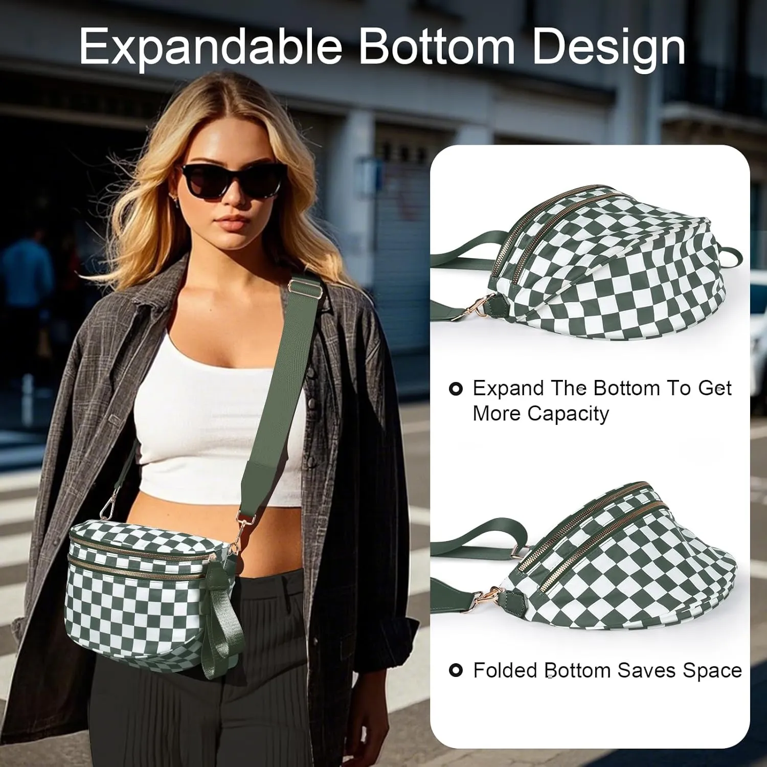 Bum Bags for Women Checkered Crossbody Bag with Removable Wallets Large Nylon Belt Purse Fanny Packs, Bonus with a Extra Strap (Beans Green Checkered)