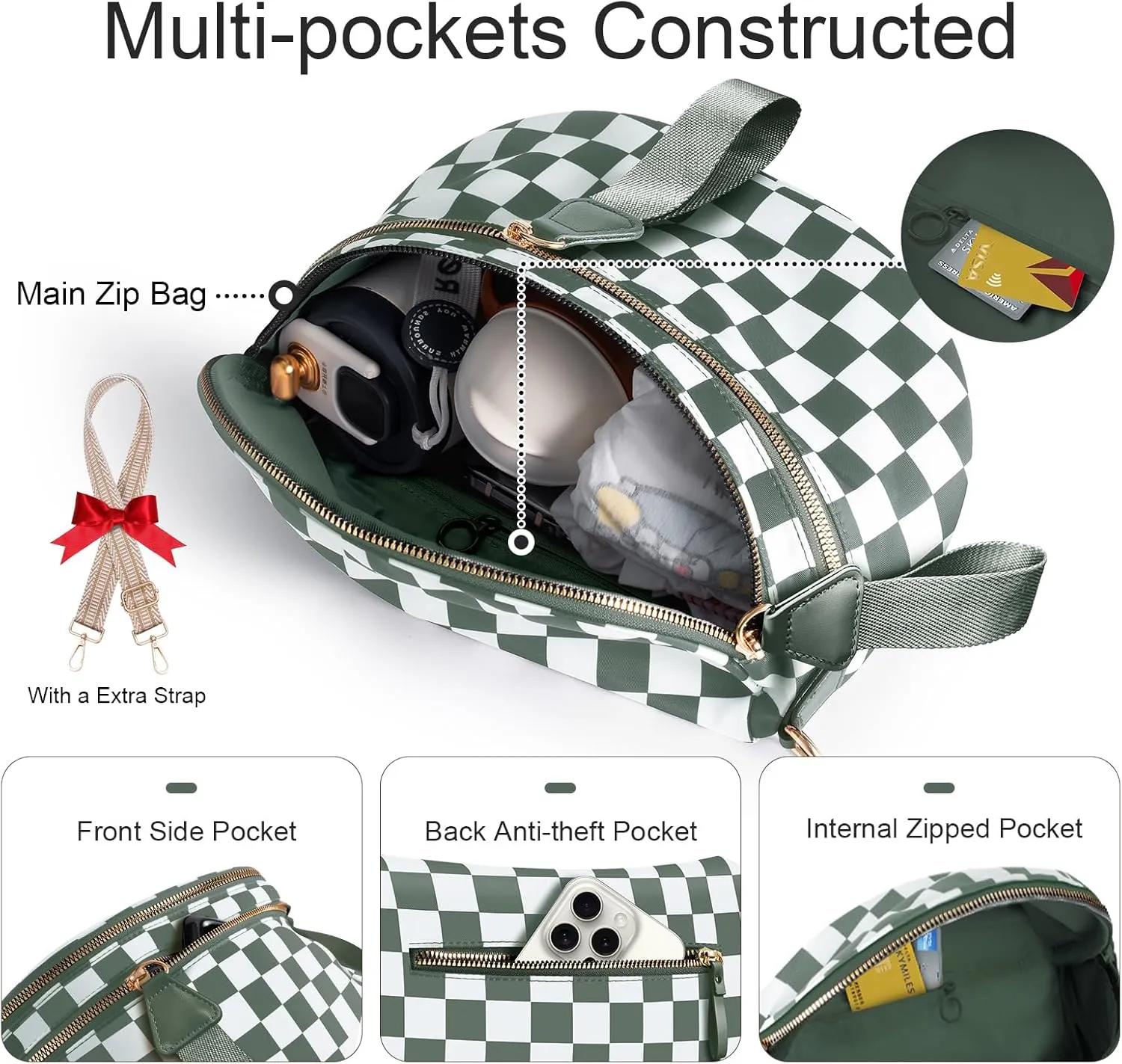Bum Bags for Women Checkered Crossbody Bag with Removable Wallets Large Nylon Belt Purse Fanny Packs, Bonus with a Extra Strap (Beans Green Checkered)