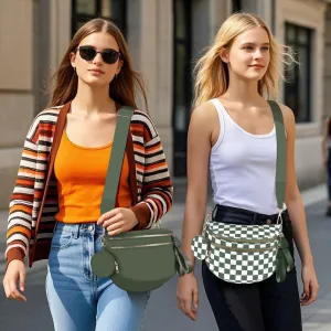 Bum Bags for Women Checkered Crossbody Bag with Removable Wallets Large Nylon Belt Purse Fanny Packs, Bonus with a Extra Strap (Beans Green Checkered)