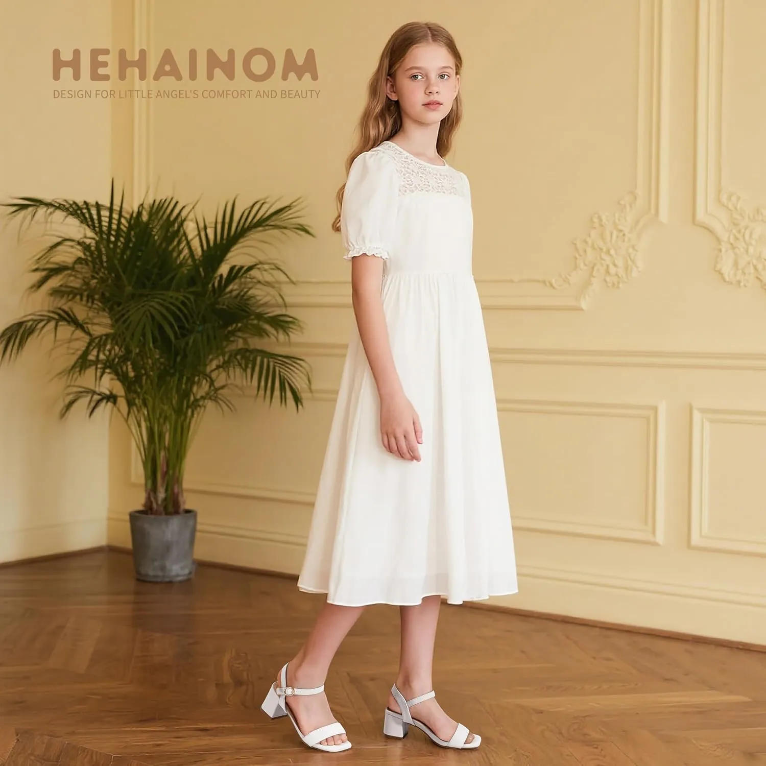 Hehainom Girls Heels Dress Shoes Square Toe Sandals Flower Girl Party Wedding Church Little Big Kid Shoes