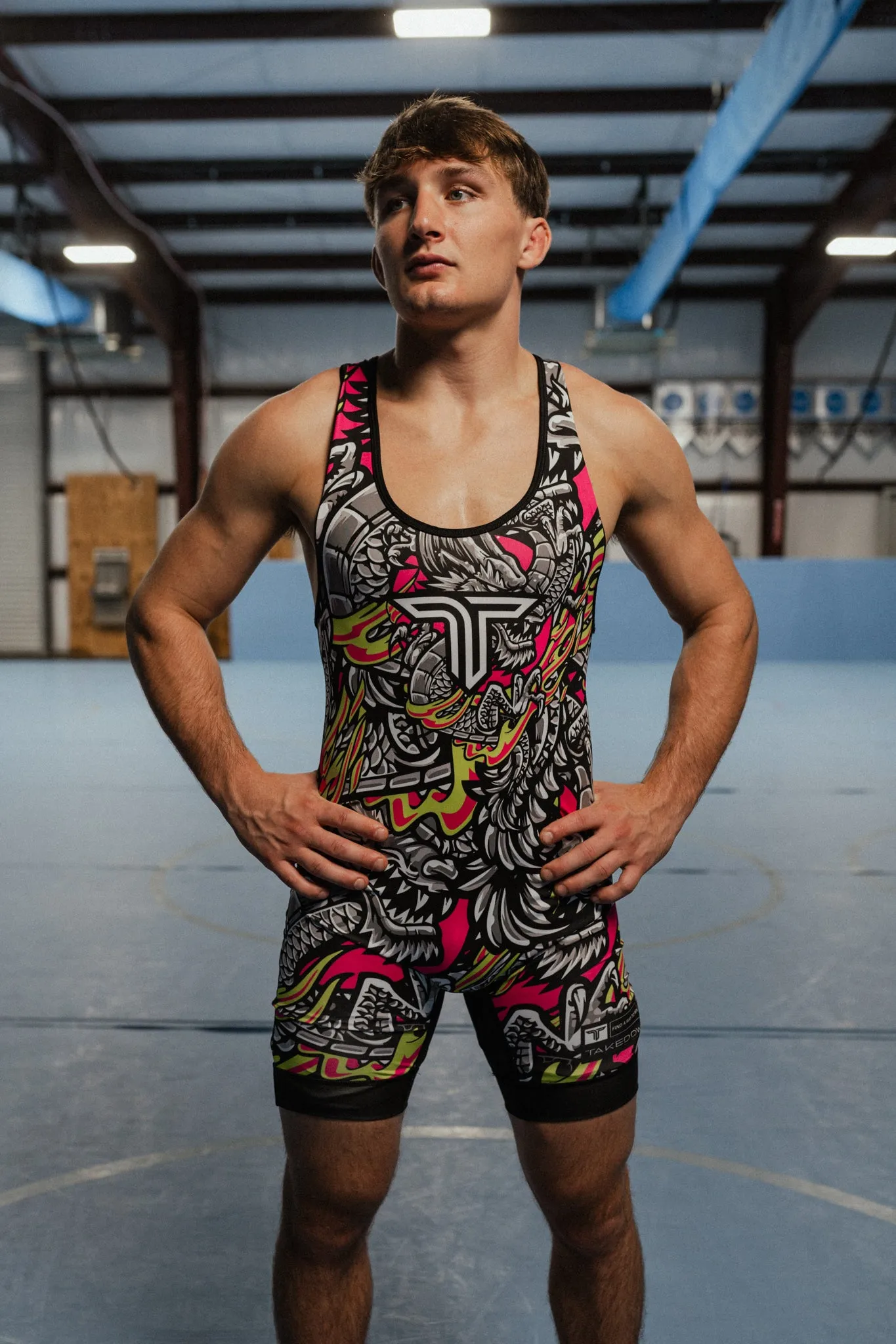 Iron Dragon Wrestling Singlet - Grey & Fuchsia