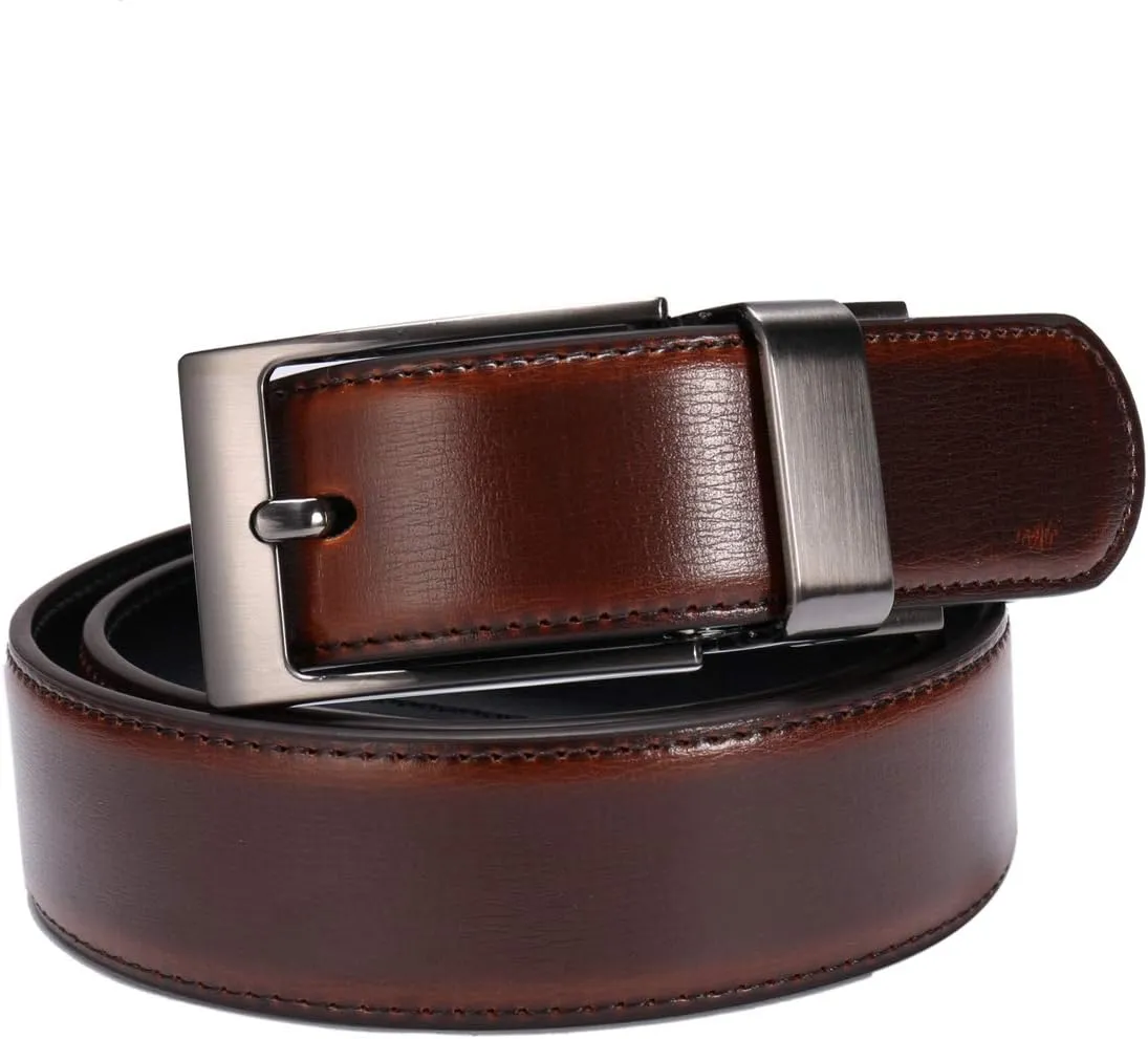 Men's Dress Belt Leather Reversible 1.25" Wide Rotated Buckle Gift Box