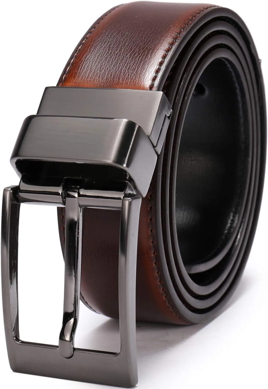Men's Dress Belt Leather Reversible 1.25" Wide Rotated Buckle Gift Box