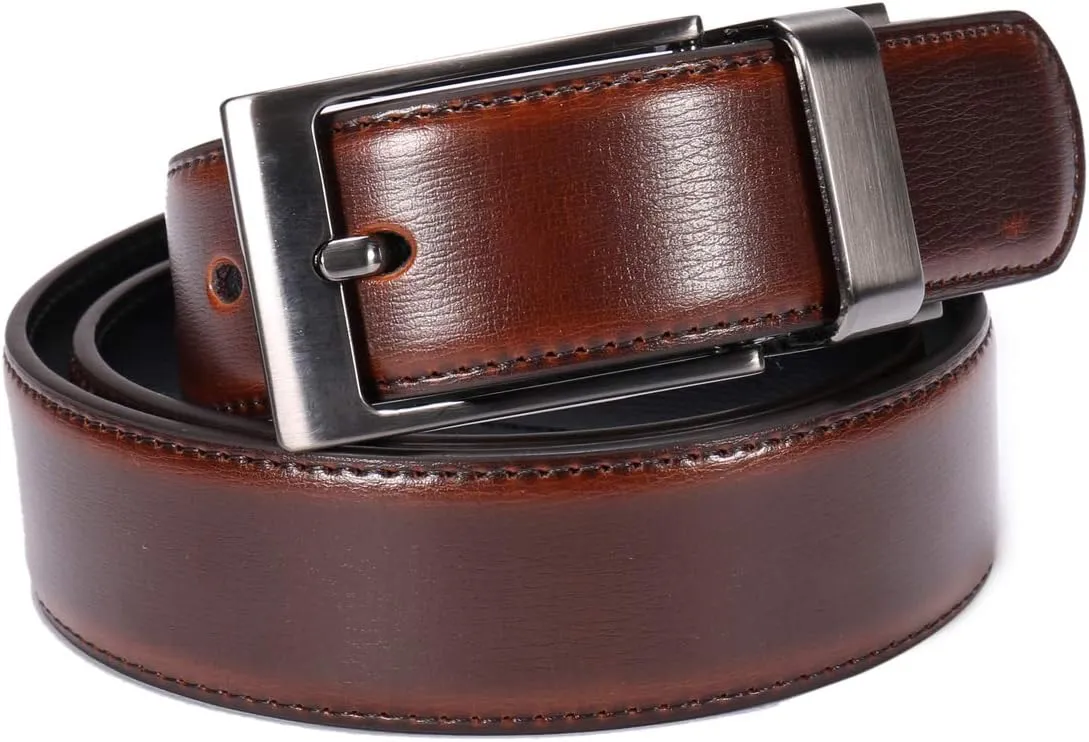 Men's Dress Belt Leather Reversible 1.25" Wide Rotated Buckle Gift Box