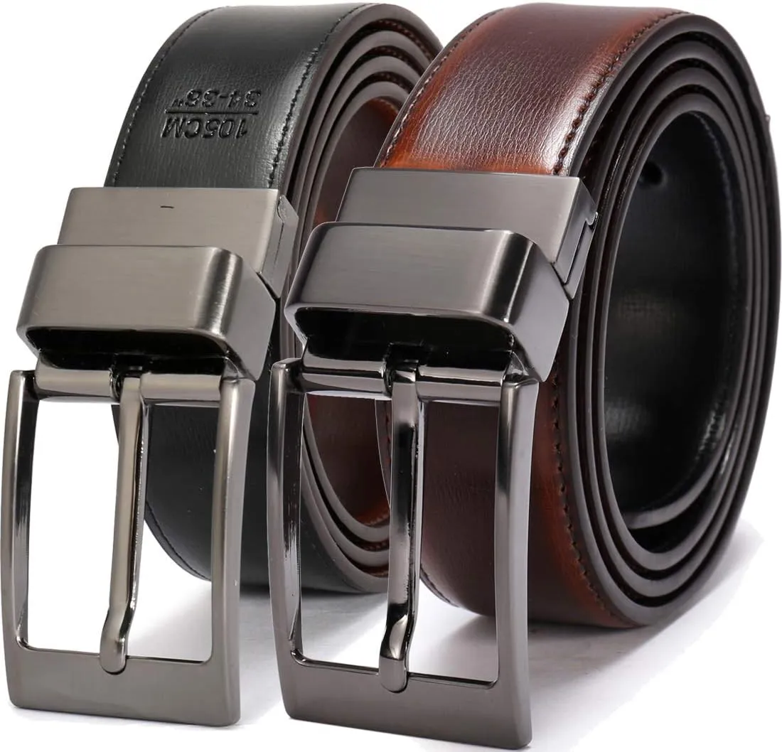 Men's Dress Belt Leather Reversible 1.25" Wide Rotated Buckle Gift Box
