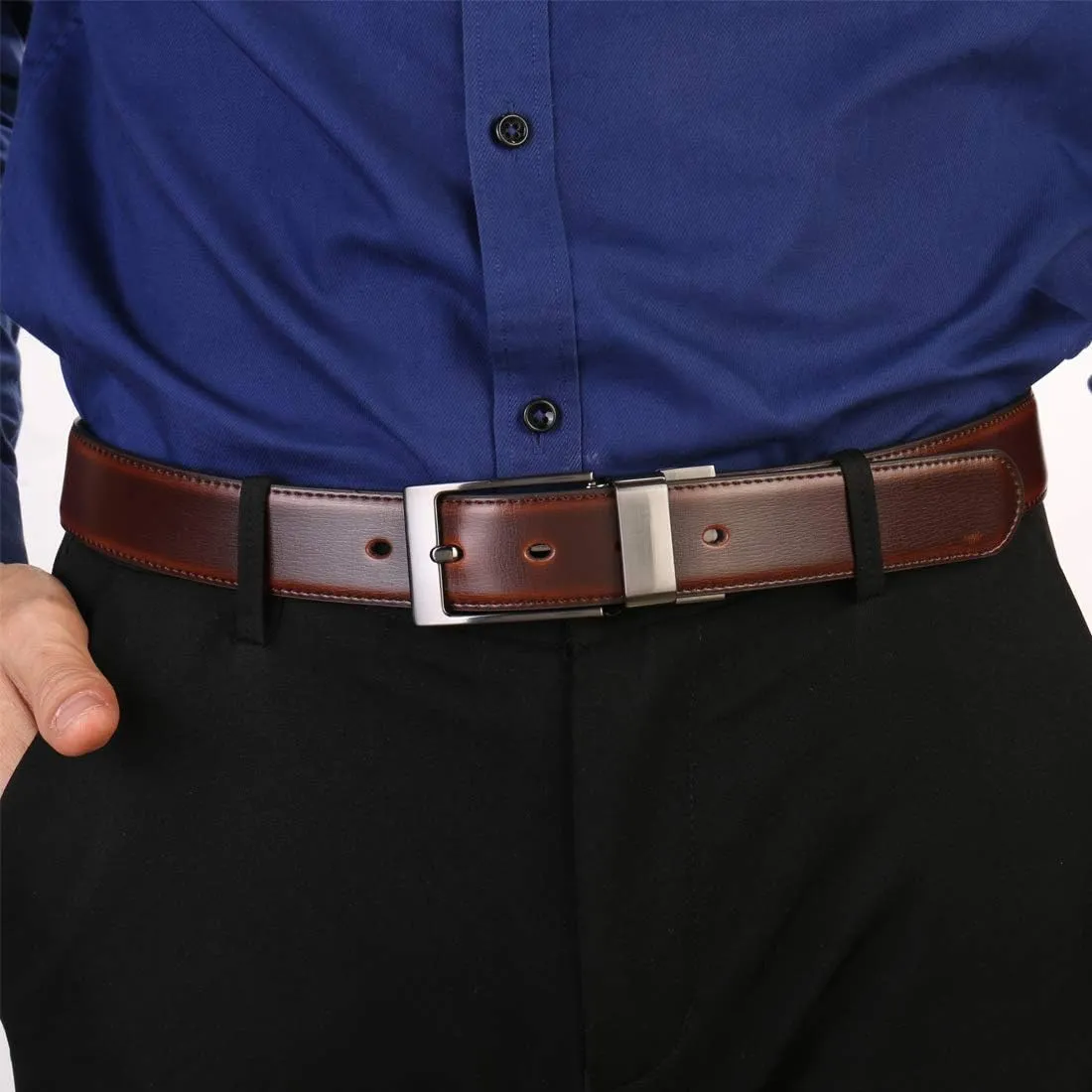 Men's Dress Belt Leather Reversible 1.25" Wide Rotated Buckle Gift Box