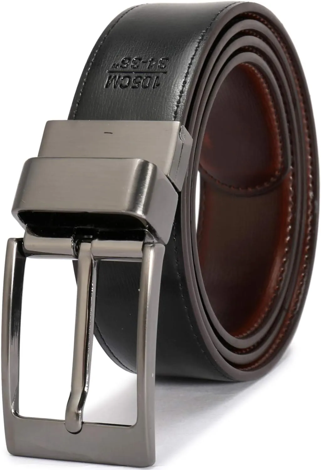 Men's Dress Belt Leather Reversible 1.25" Wide Rotated Buckle Gift Box
