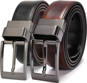 Men's Dress Belt Leather Reversible 1.25" Wide Rotated Buckle Gift Box
