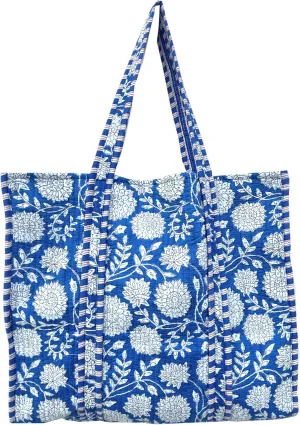 Quilted Cotton Handprinted Reversible Large multicolor Floral Tote Bag,Hand Block Print Shopping Shoulder Carry Bag
