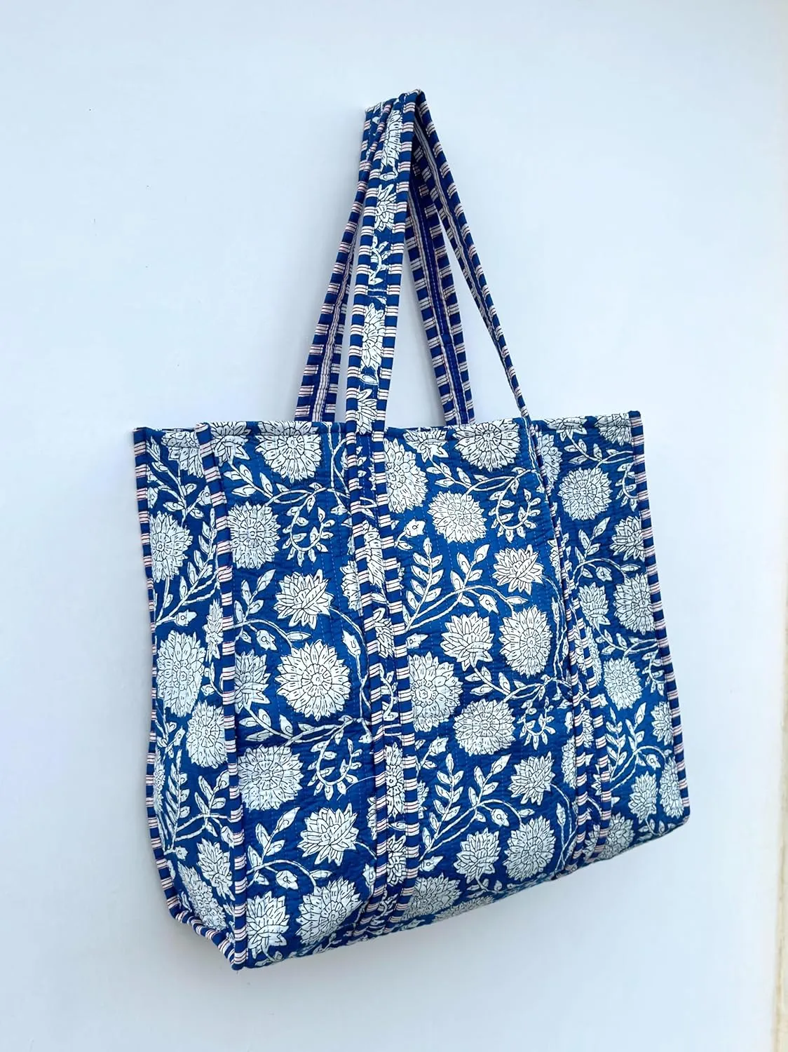 Quilted Cotton Handprinted Reversible Large multicolor Floral Tote Bag,Hand Block Print Shopping Shoulder Carry Bag
