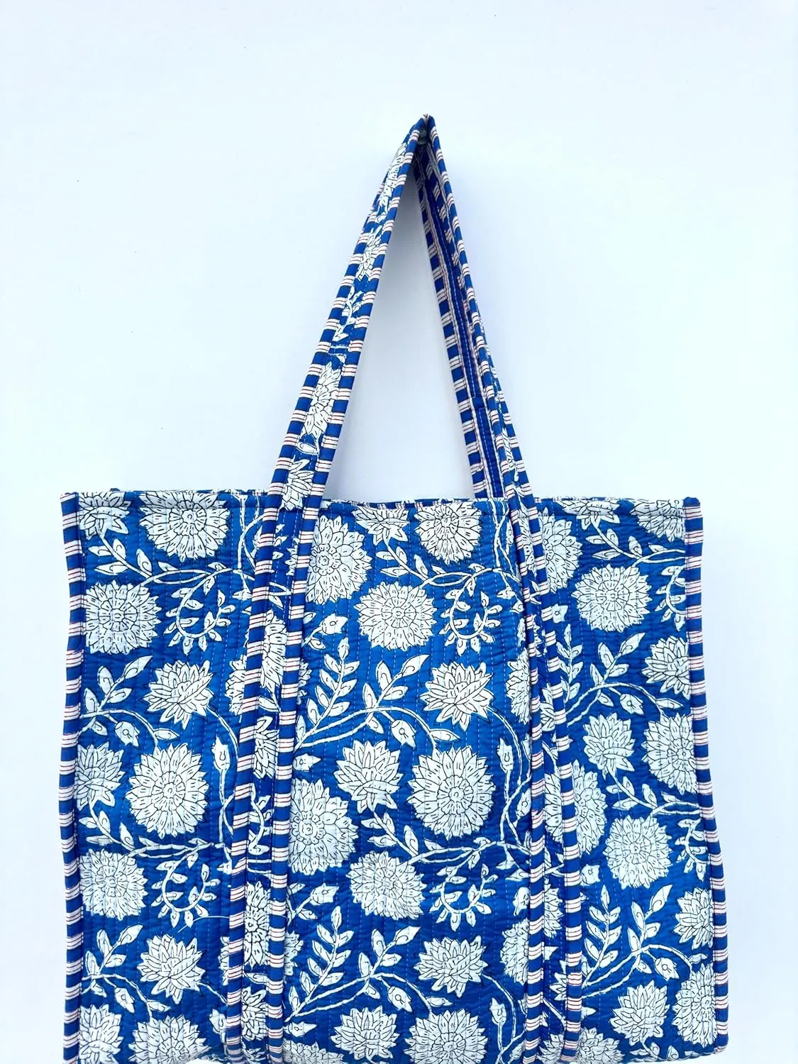 Quilted Cotton Handprinted Reversible Large multicolor Floral Tote Bag,Hand Block Print Shopping Shoulder Carry Bag