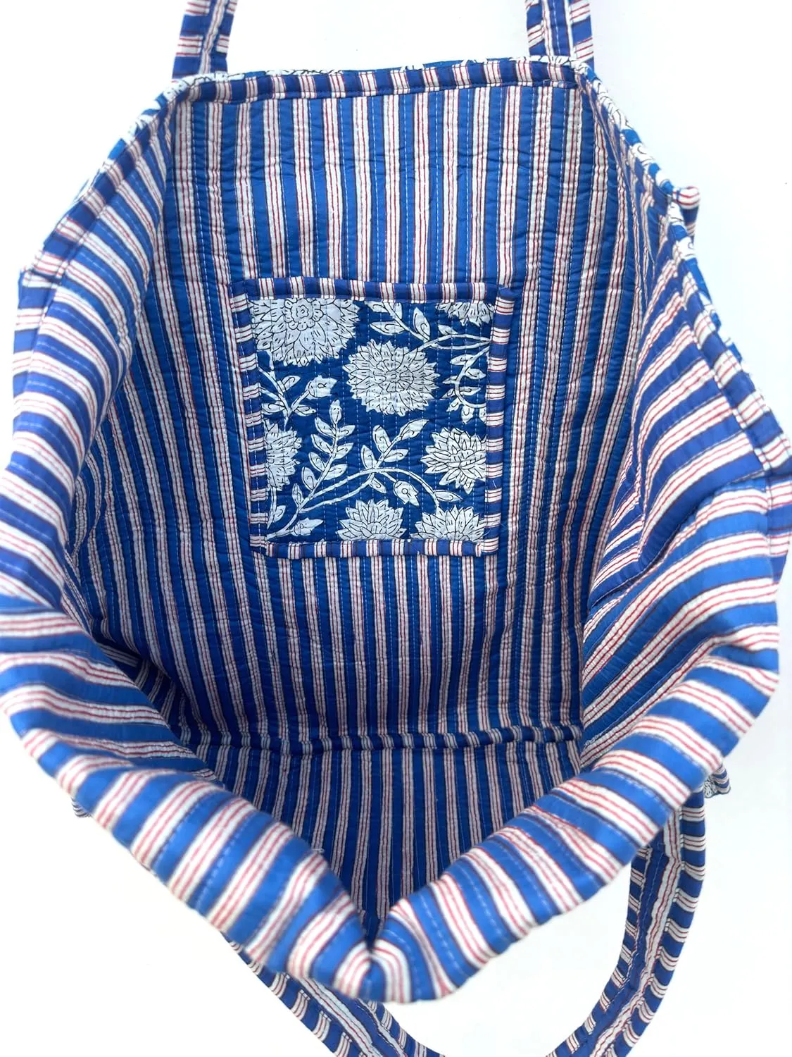 Quilted Cotton Handprinted Reversible Large multicolor Floral Tote Bag,Hand Block Print Shopping Shoulder Carry Bag