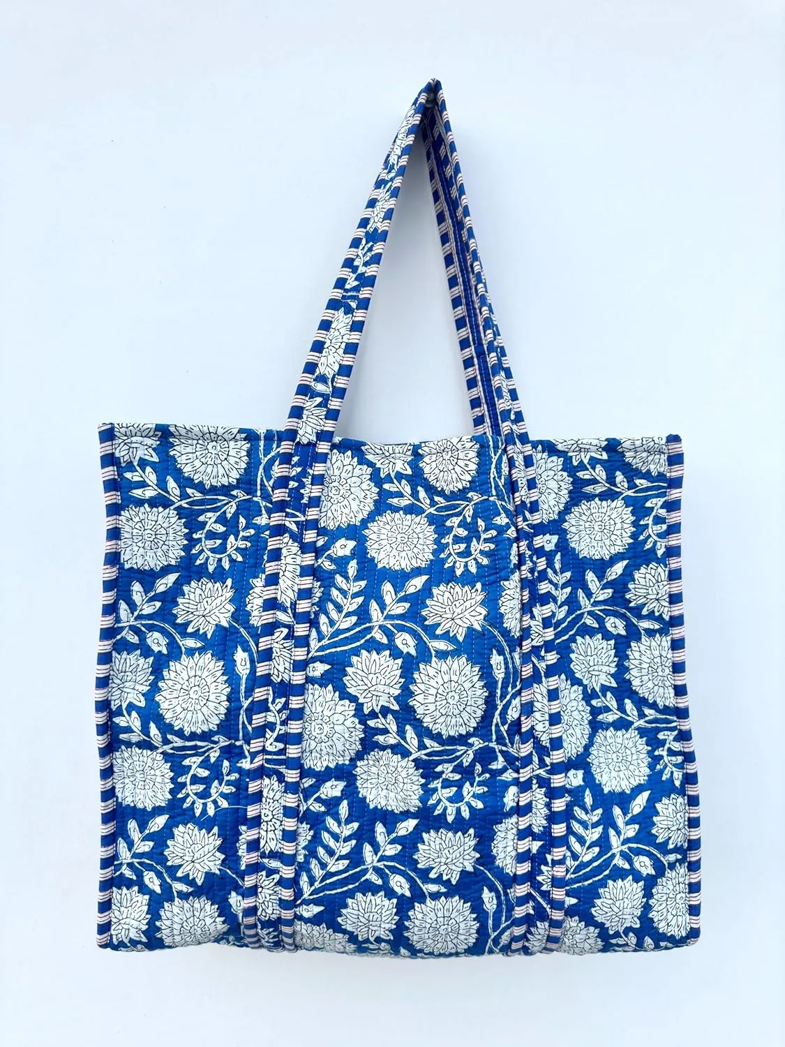Quilted Cotton Handprinted Reversible Large multicolor Floral Tote Bag,Hand Block Print Shopping Shoulder Carry Bag