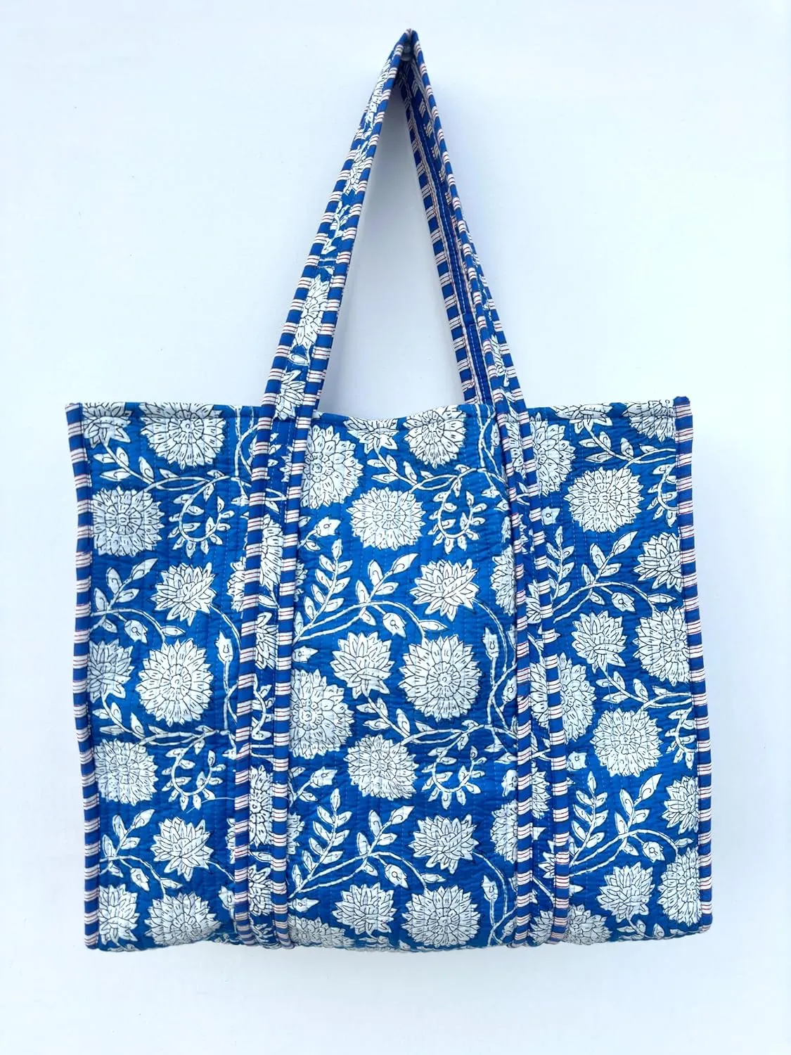 Quilted Cotton Handprinted Reversible Large multicolor Floral Tote Bag,Hand Block Print Shopping Shoulder Carry Bag