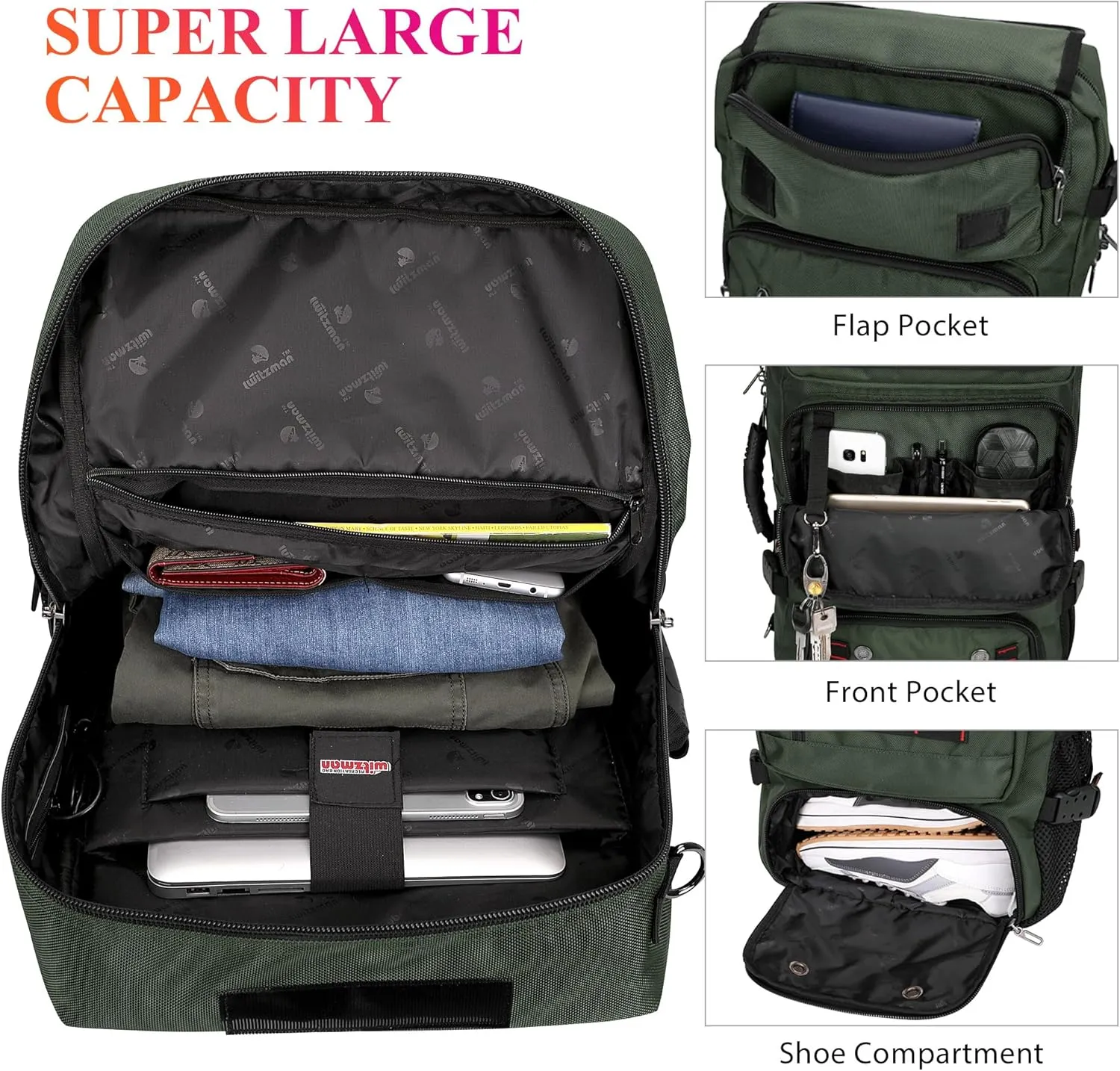 WITZMAN Carry on Travel Backpack for Men Airline Approved Convertible Nylon Duffle Backpack Luggage Bag (B682 Army Green)
